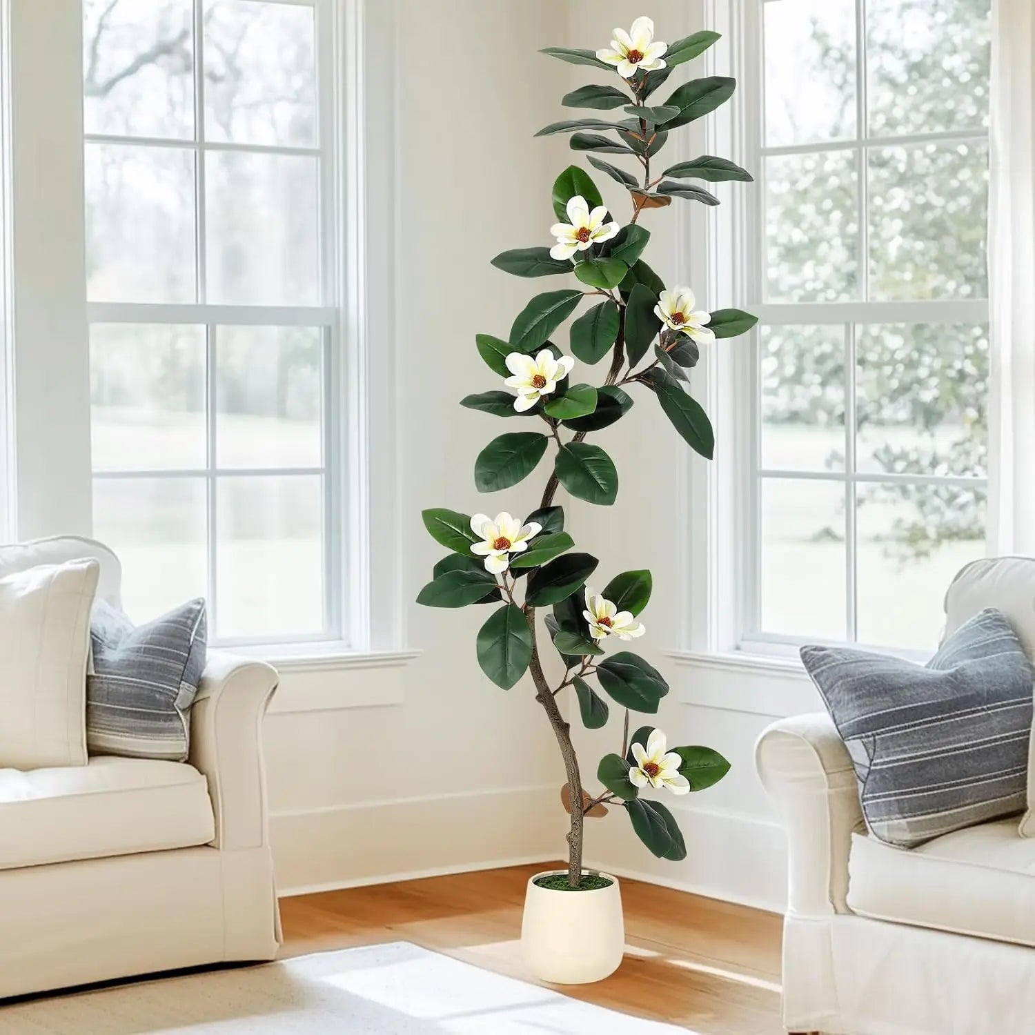 Artificial Rubber Tree with Magnolia Flowers 150/180/210cm Faux Plants with White Planter Pot Fake Tree for Home Office Decor