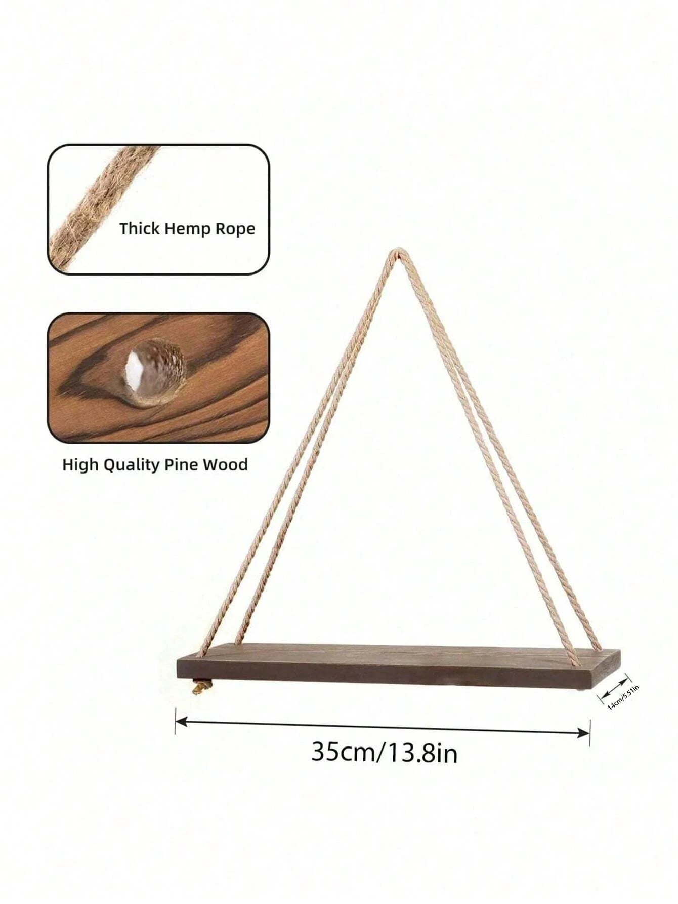 Wooden Swing Hanging Hemp Rope Wall Shelve Mounted Floating Home Living Room Plant Flower Pot Tray Storage Garden Decoration