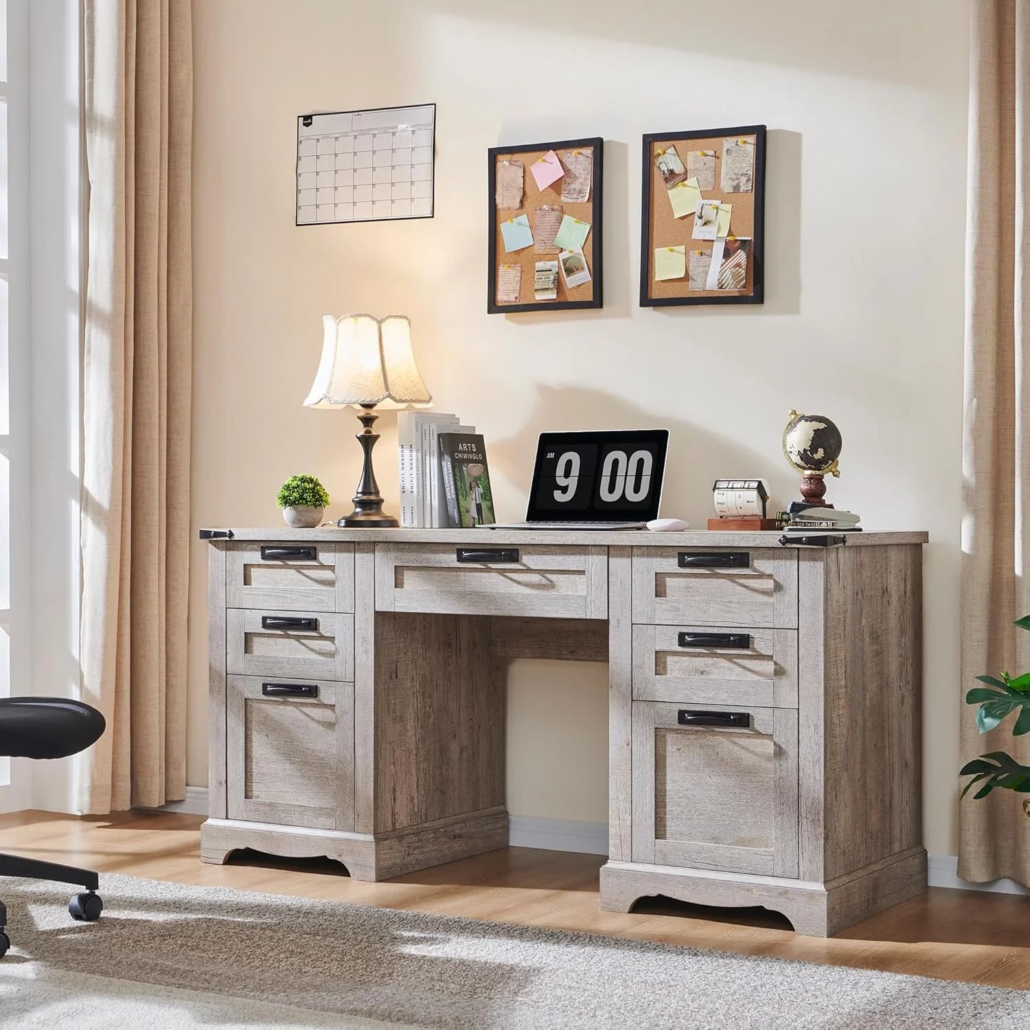 Farmhouse Executive Desk with Drawers, Wood Home Office Desk w/Charging Station, Keyboard Tray, File Drawer, Storage Cabinet