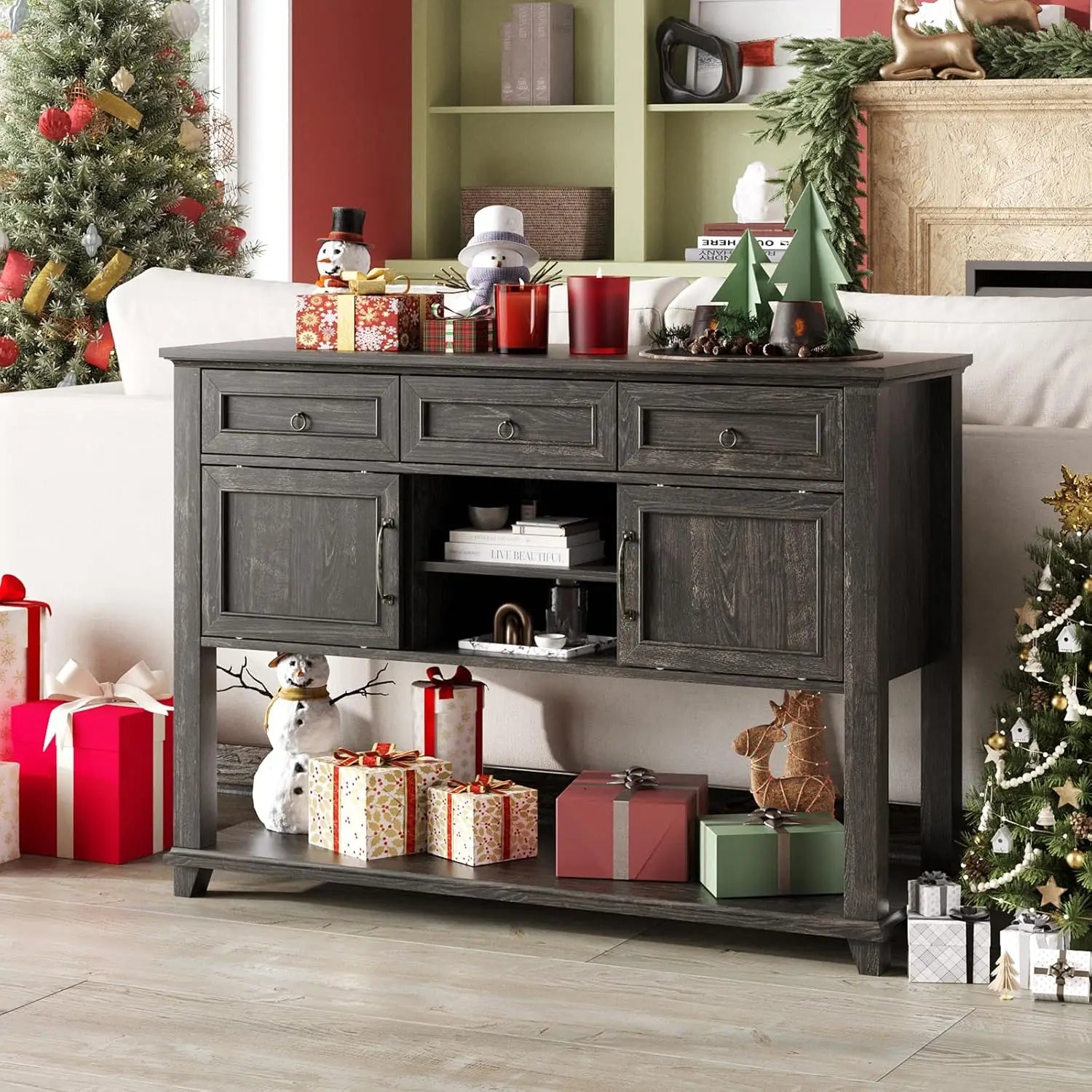 Vabches Console Table for Hallway Wood Entryway Table with 3 Storage Drawer&Sliding Barn Doors 47'' W Console Table for Entryway