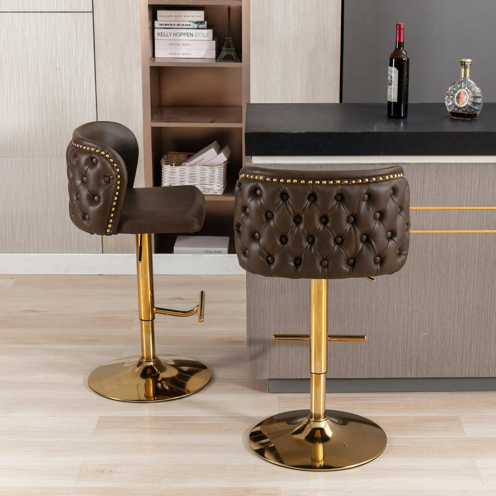 PU Leather Swivel Bar Stools – Adjustable Counter Chairs with Gold Nailheads (Set of 2)