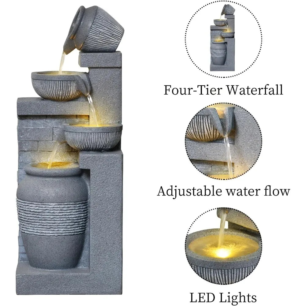 Outdoor Garden Water Fountain with Lights 4 Tiers Cascading Large Waterfall Floor Standing Fountain for Patio, Backyard
