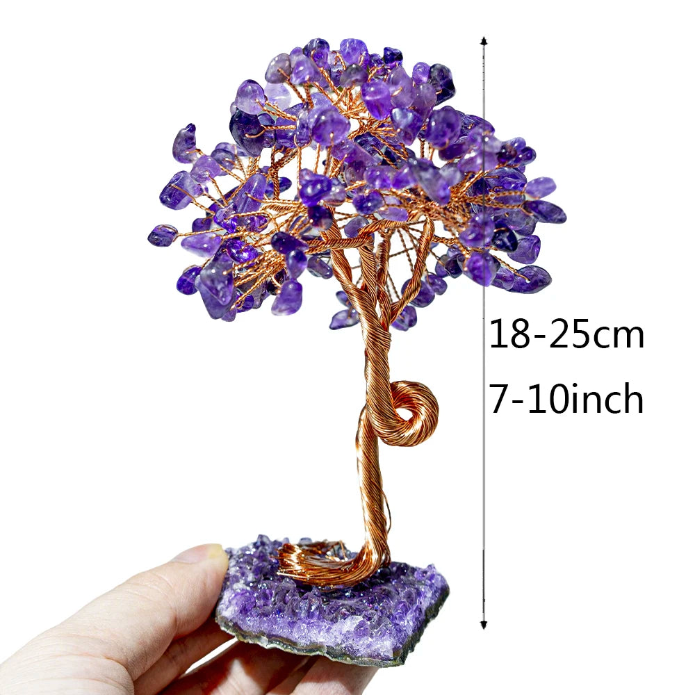 Amethyst Healing Crystals Tree Wrapped with Wire on Natural Crystal Gravel with Base Stone Decoration for Home Desk Living Room