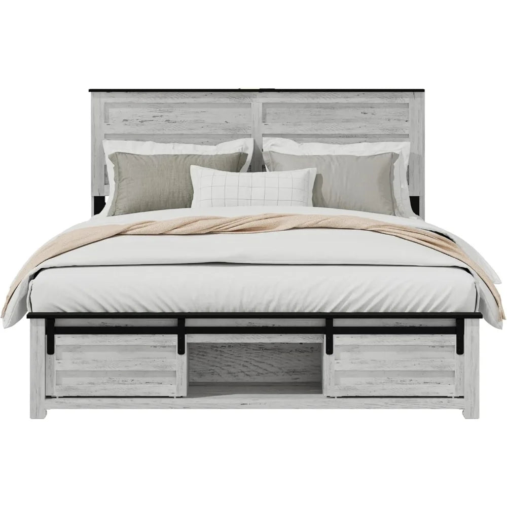 Full Size Boho Farmhouse Bed Frame with Headboard – Sliding Barn Door Footboard & Charging Station (White)