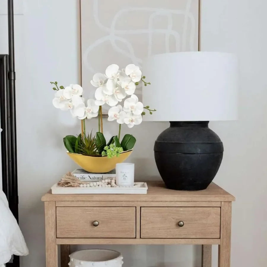 17inch White Fake Orchid Silk Flowers with Gold Ceramic Pot Faux Orchid Arrangement for Home Office Room Coffee Table Centerpie