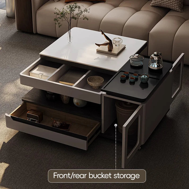 All-in-One Mobile Tea Table with Casters – Modern Coffee Table with Hidden Storage
