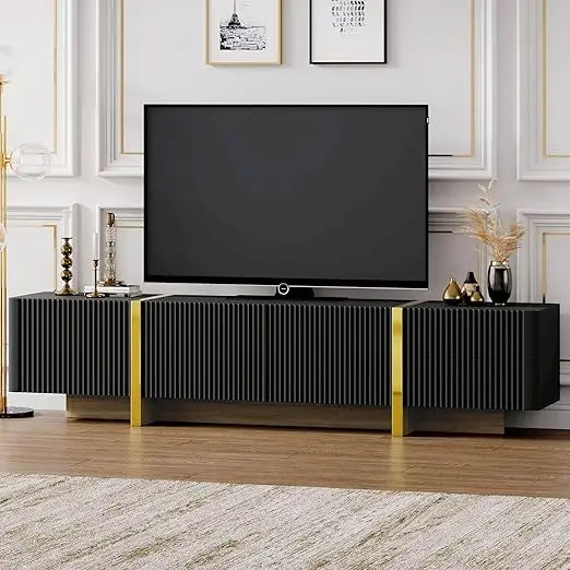 Luxury Fluted TV Stand with Storage Cabinets & Drawers, Smooth Media Console with Golden Wood Grain Legs, 75" L x 14" W x 18" H