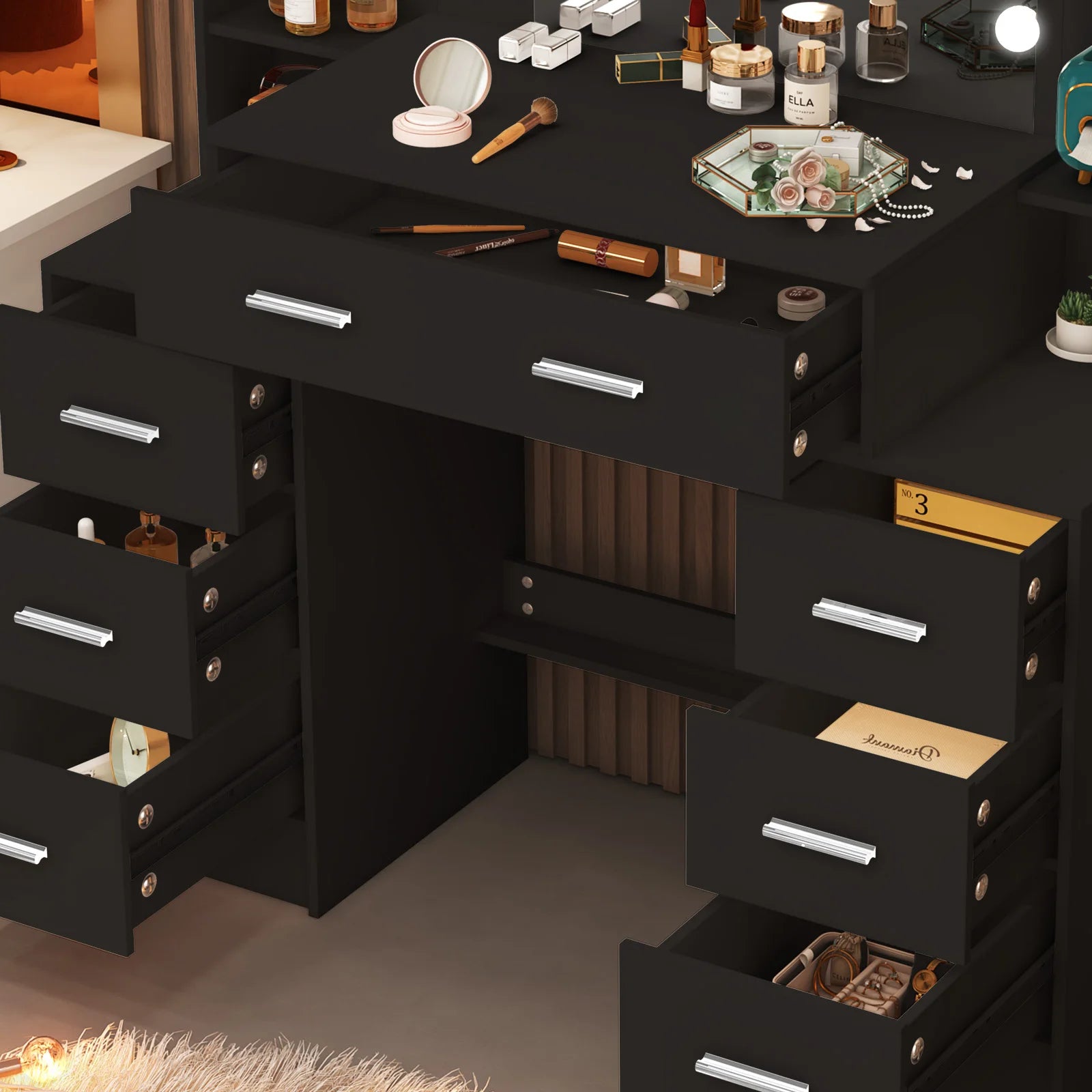 Black Large Vanity Dressing Table with LED Mirror 7 Drawers 3 Color Light Storage Bedroom Cosmetic Station for Women Girls