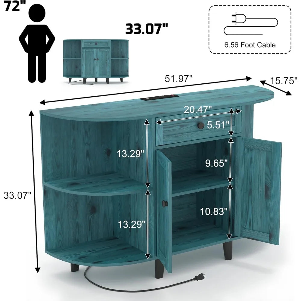 vintage blue freestanding sideboard with buffet cabinet, power outlet, and coffee bar storage