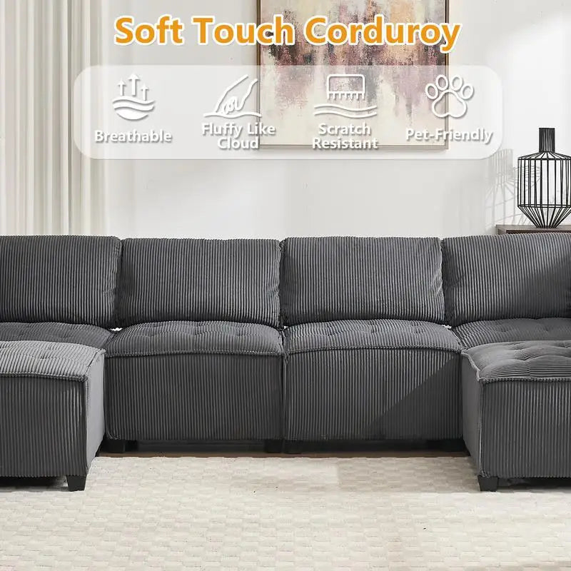 Modular Sectional Sofa U-Shaped Couch with Reversible Chaise, 6-Seat Convertible Design for Living Room