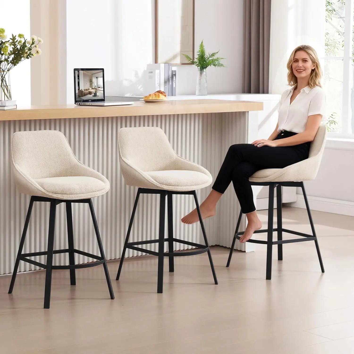 Swivel Counter-Height Bar Stools with Back – Upholstered Linen (Beige)