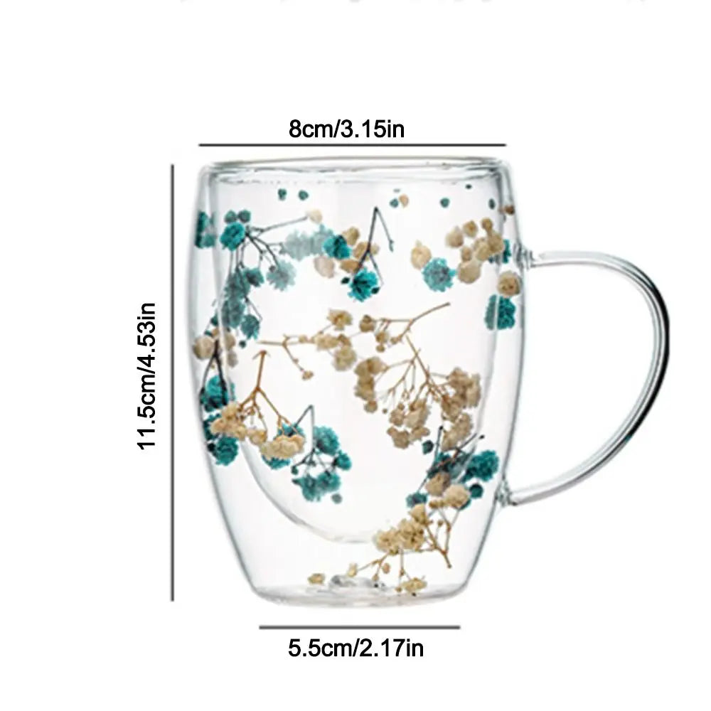 350ml Dried Flowers Glass Mugs with Handle Simple Elegant Double Wall Glass Cup Creative Heat Resistant Coffee Mug Home&Office