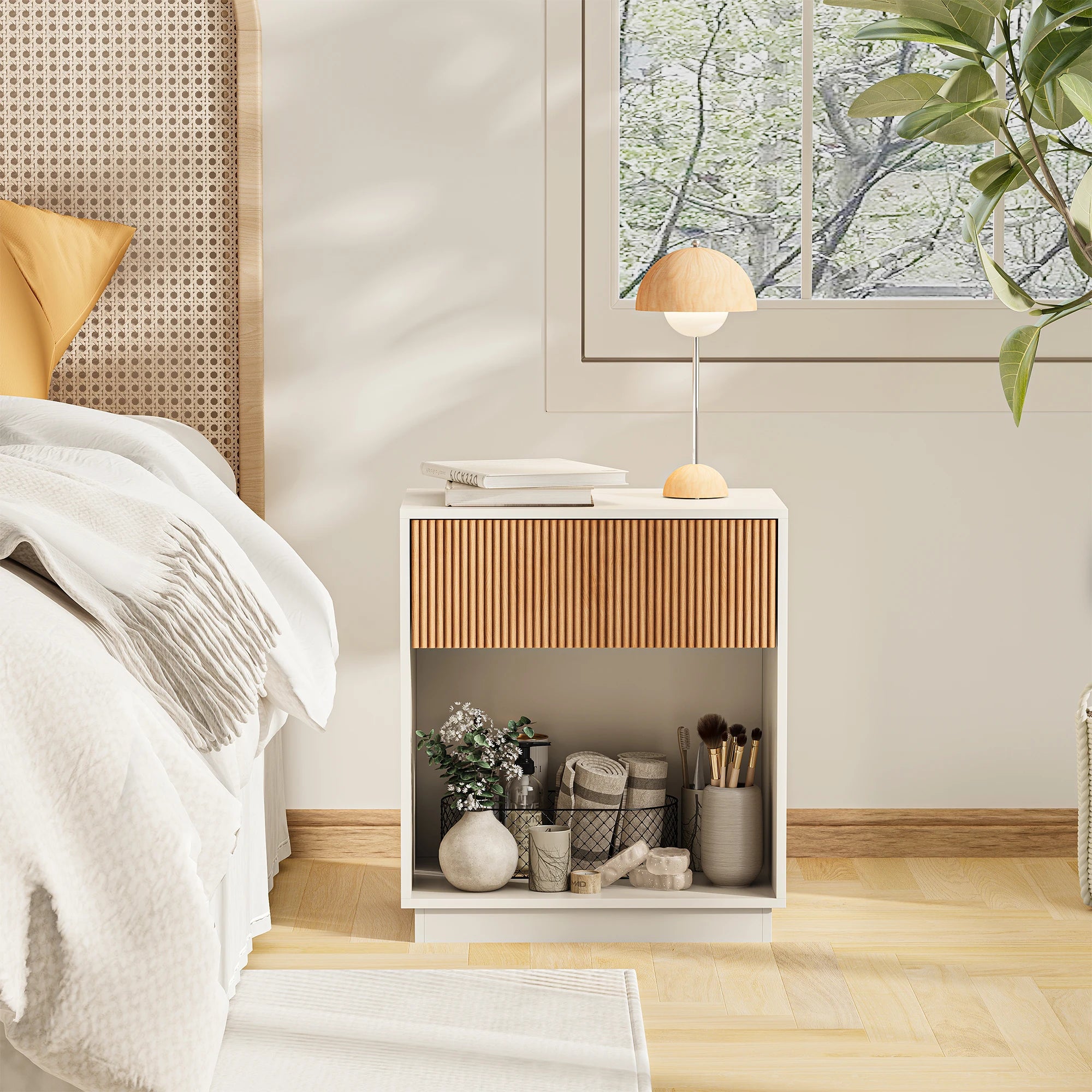 Fluted Nightstands Set Of 2, Modern Mid - Century Wood Bedside Table With Drawer & Open Storage Shelf, End Table For Bedroom, Li