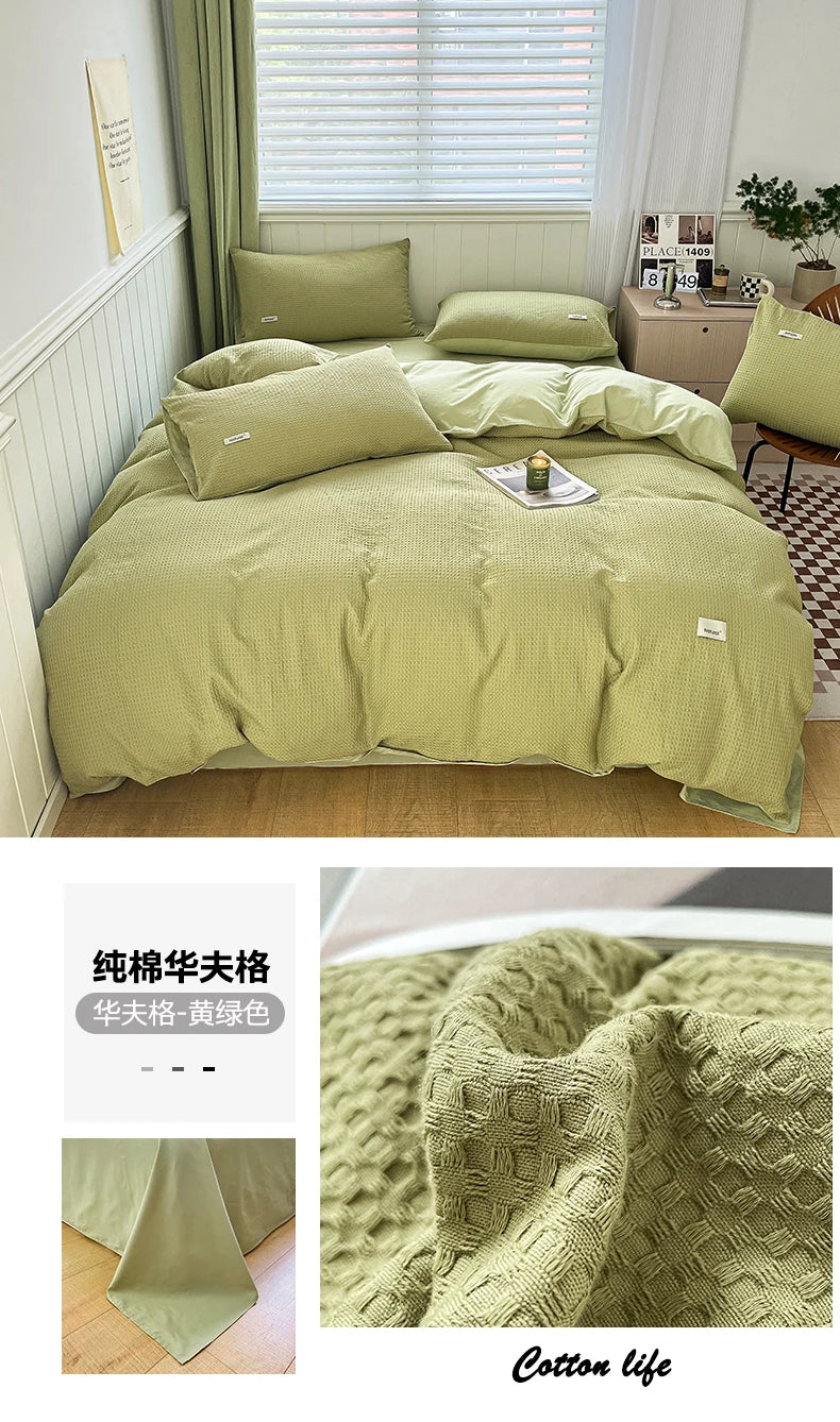 Simple Waffle Jacquard 100% Cotton Bedding Set Soft Comfortable Queen Duvet Cover Set with Sheets Quilt Cover and Pillowcases