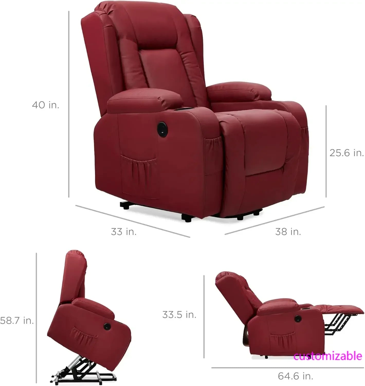 PU Leather Electric Power Lift Chair, Recliner Massage Chair, Adjustable Furniture for Back, Legs w/ 3 Positions, USB Port,
