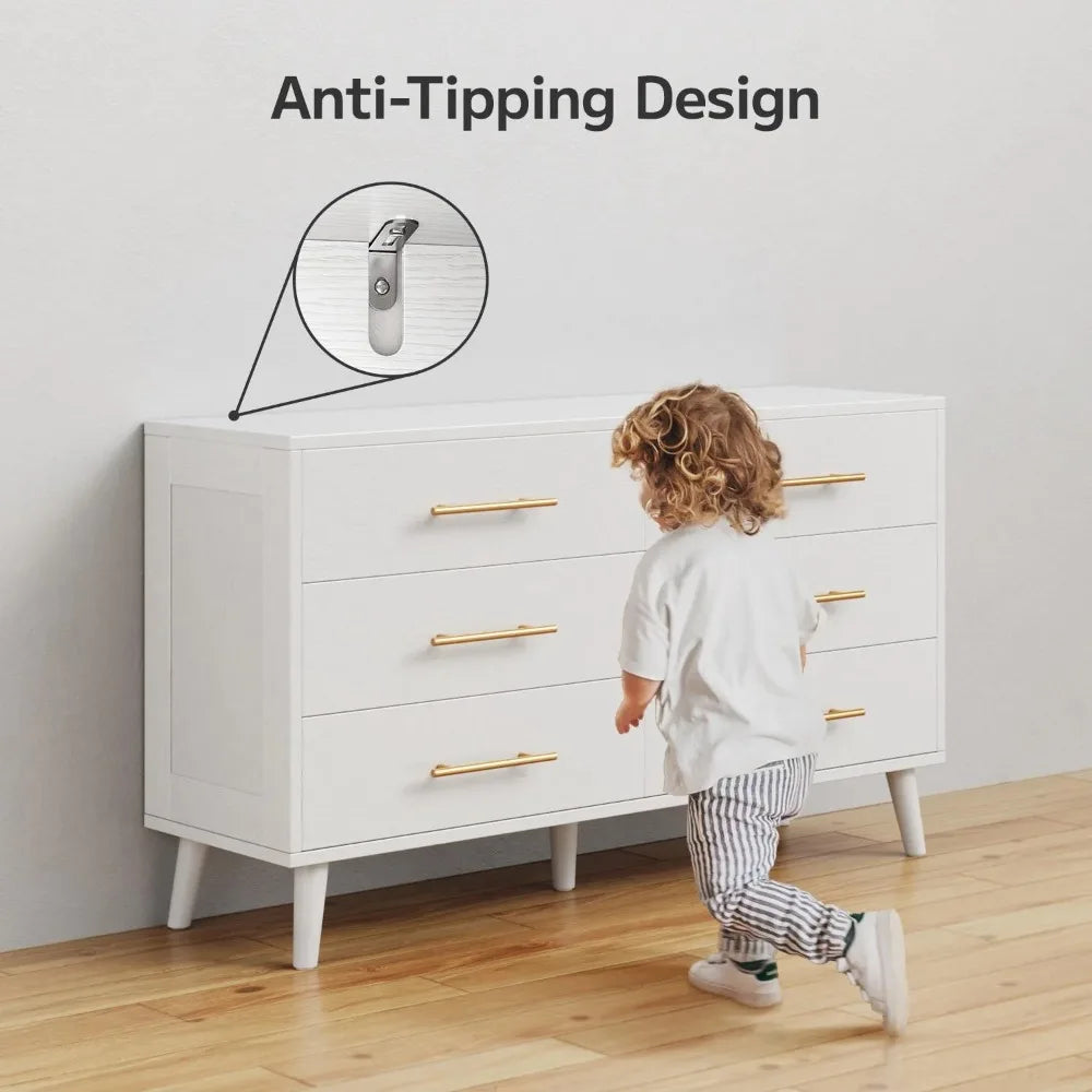 6 Drawer Dresser, Gold Metal Handle, Double Layer Wooden Storage Cabinet for Bedroom Living Room, White