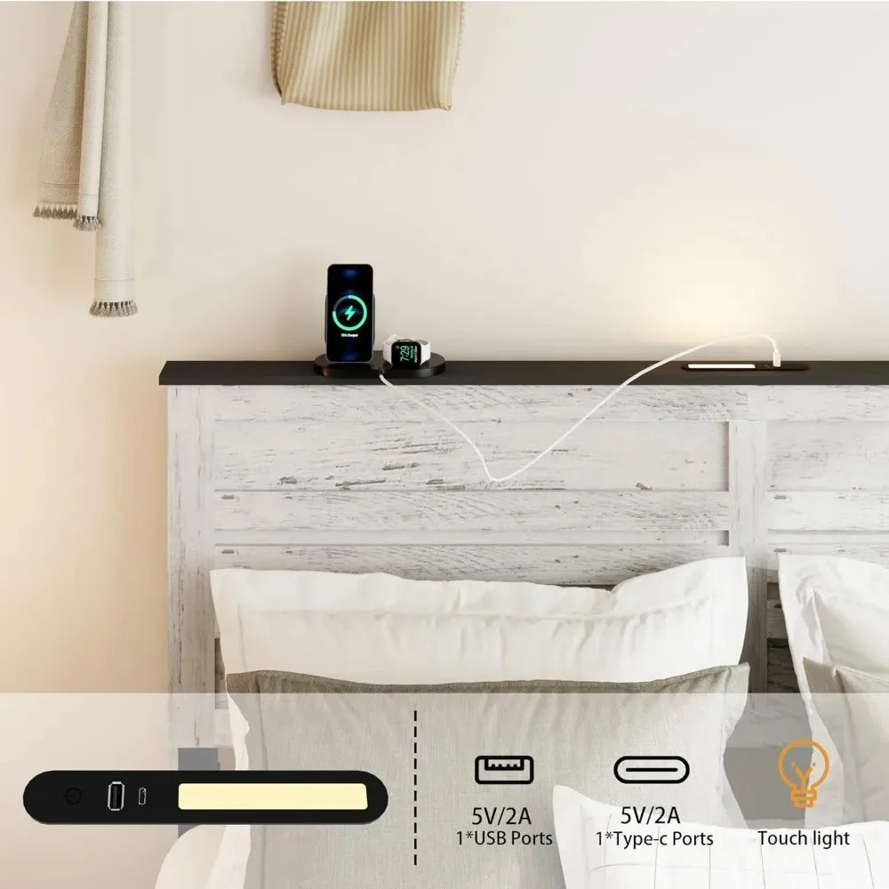 Full Size Boho Farmhouse Bed Frame with Headboard – Sliding Barn Door Footboard & Charging Station (White)