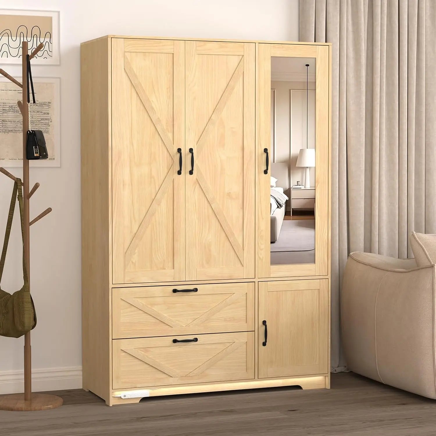 Armoire Wardrobe Closet with Mirror Door & LED Light,3 Doors Bedroom Armoire with Drawers& Adjustable Shelves&Hanging Rods