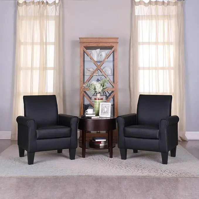 PU Leather Accent Chairs – Set of 2 Overstuffed Mid-Century Modern Armchairs