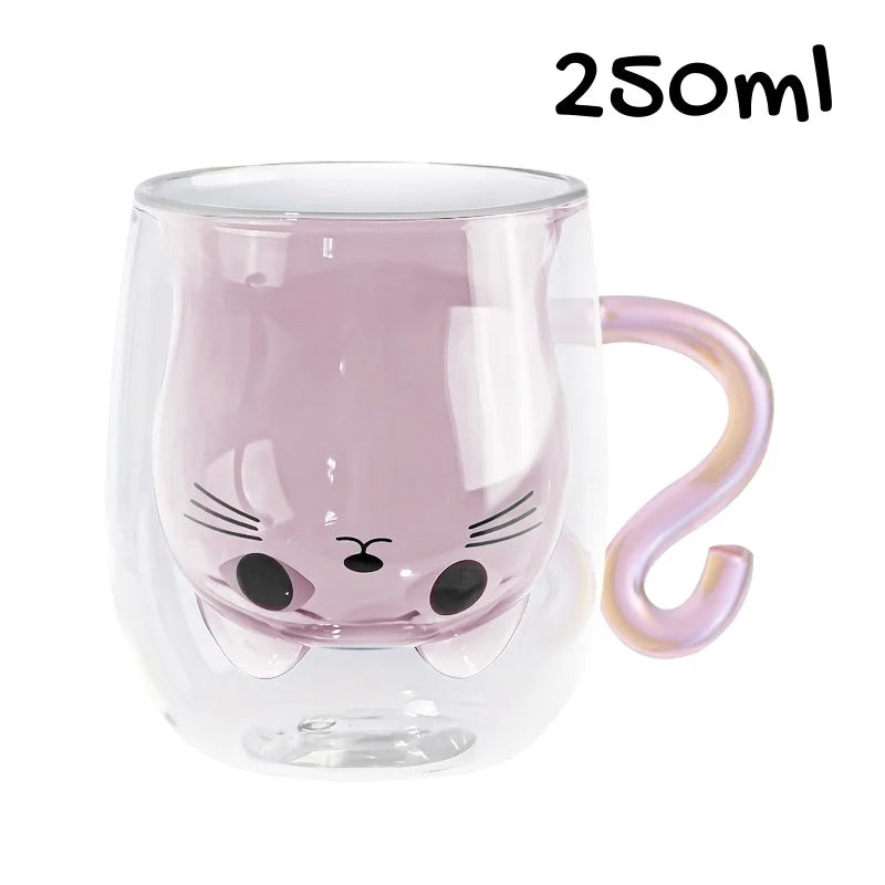 8.45/6.76oz Cute Cat Glass Cups Double-Walled Heat Resistant Milk Coffee Mug for Home Use Summer Winter Drinkware Gift Water Cup