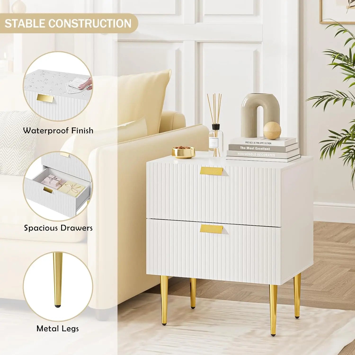 Nightstand with Drawers, Large Fluted Night Stand, End Table for Living Room, Mid Century Modern Bedside Table