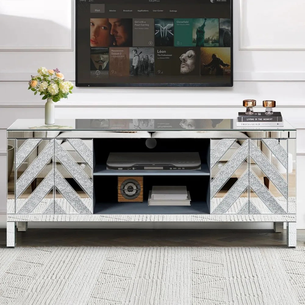 Mirrored TV Stand, Silver TV Cabinet with 2 Storage Cabinets and Open Shelves, 60" TV Cabinet for Living Room, Entertainment Cen