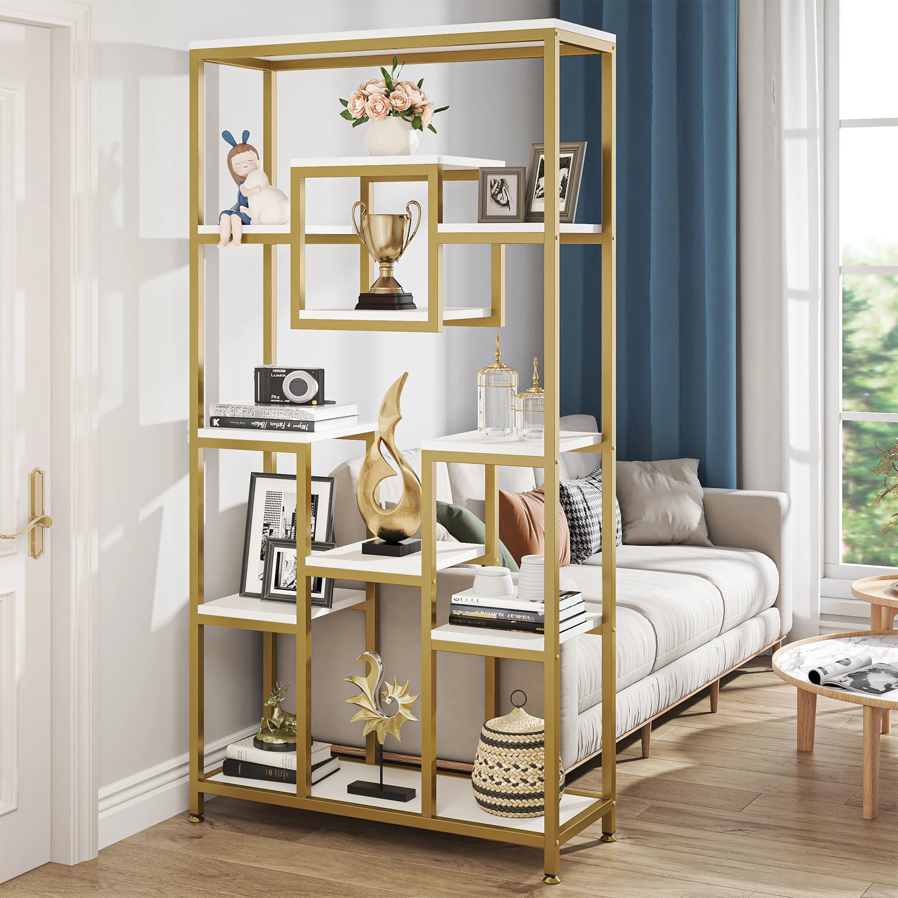 Tribesigns Gold 8-Open Shelf Étagère Bookcase with Faux Marble – Modern Display Bookshelf