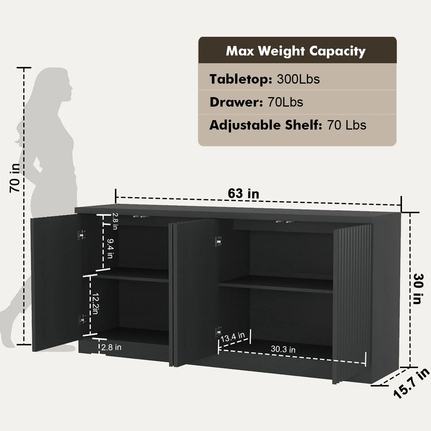 63‘’Fluted Sideboard with Storage 4 Doors & Adjustable Shelves Buffet Cabinet Large Modern Credenza Accent Console Cabinets