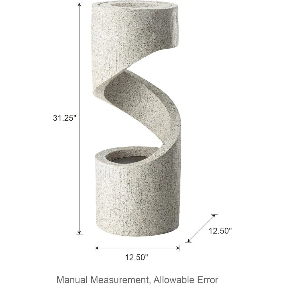 Tiered Outdoor Water Fountain with LED Lighting, Curved Stone Planter Faux Terrazzo Style