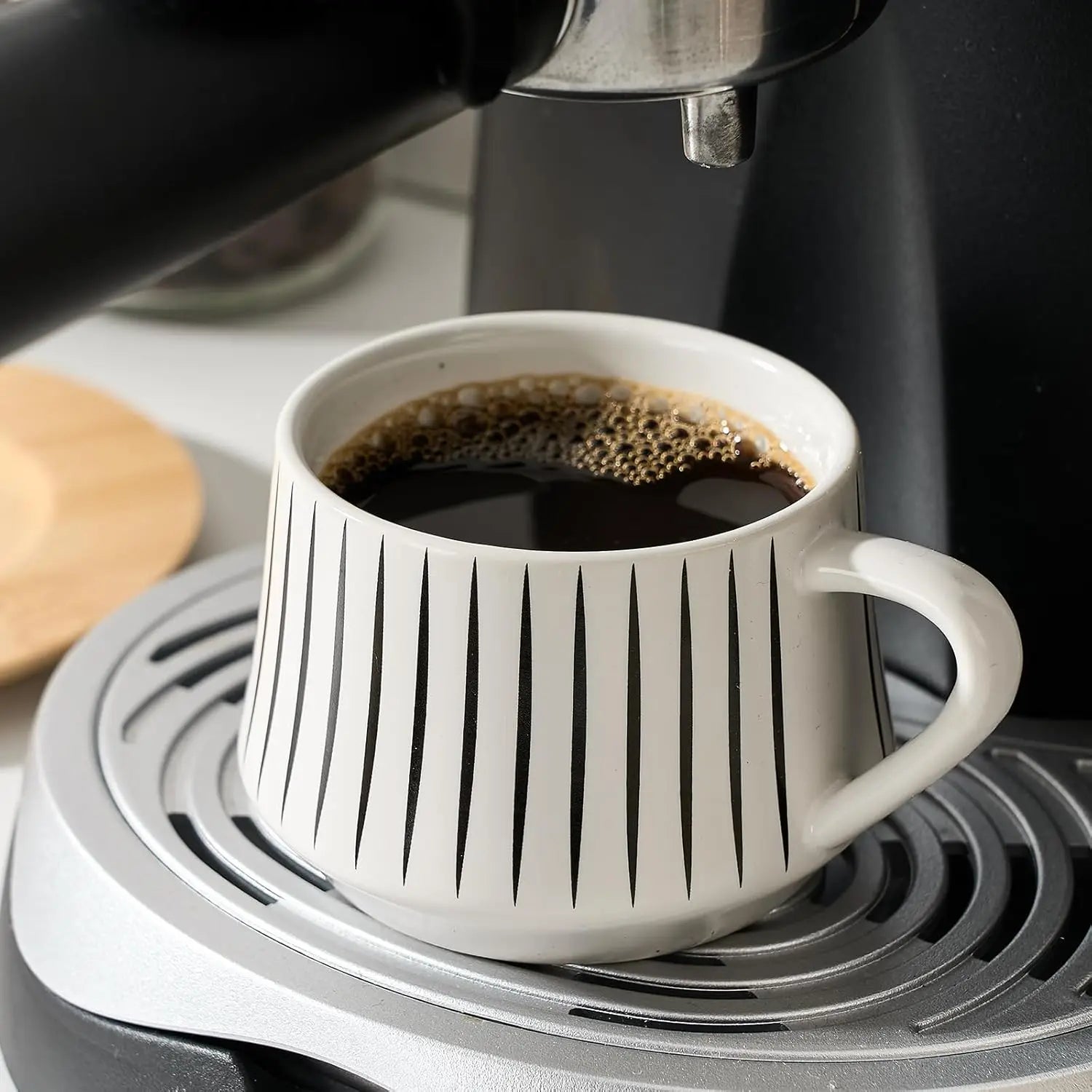 Ceramic Espresso Cup Set with Saucers and Metal Holder, 6-Piece White Porcelain Demitasse for Coffee and Tea