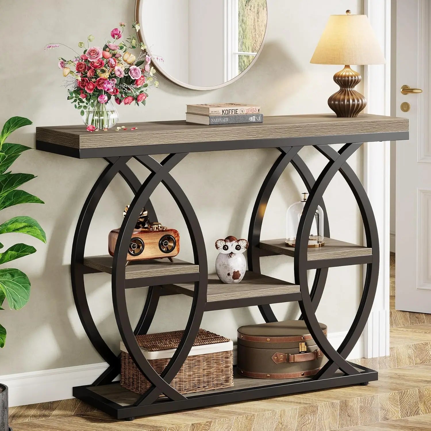 39.4"Console Table, Industrial 4-Tier Sofa Table Entryway Table with Storage Shelves, Narrow Wood Accent Tables with Metal Frame