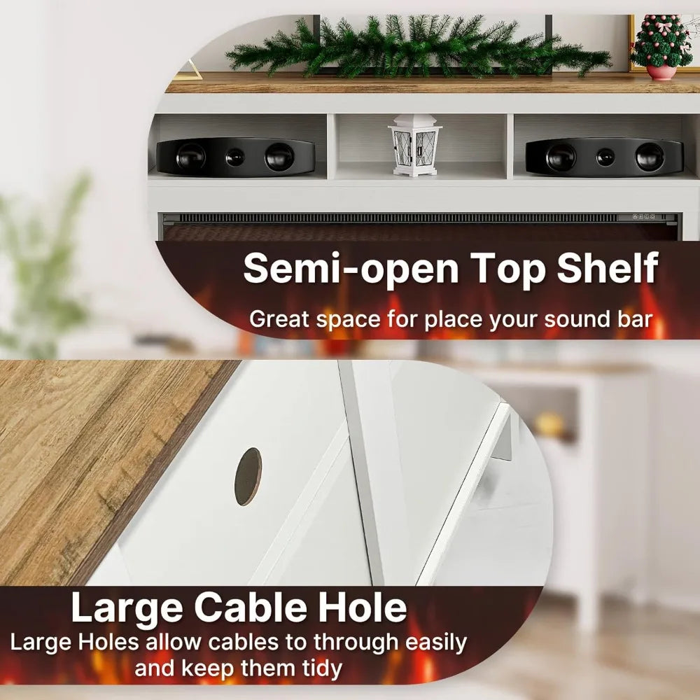 Fireplace TV Stand for TVs Up to 60 Inch,Modern Entertainment Center with 50" Electric Fireplace,White TV Console with Open