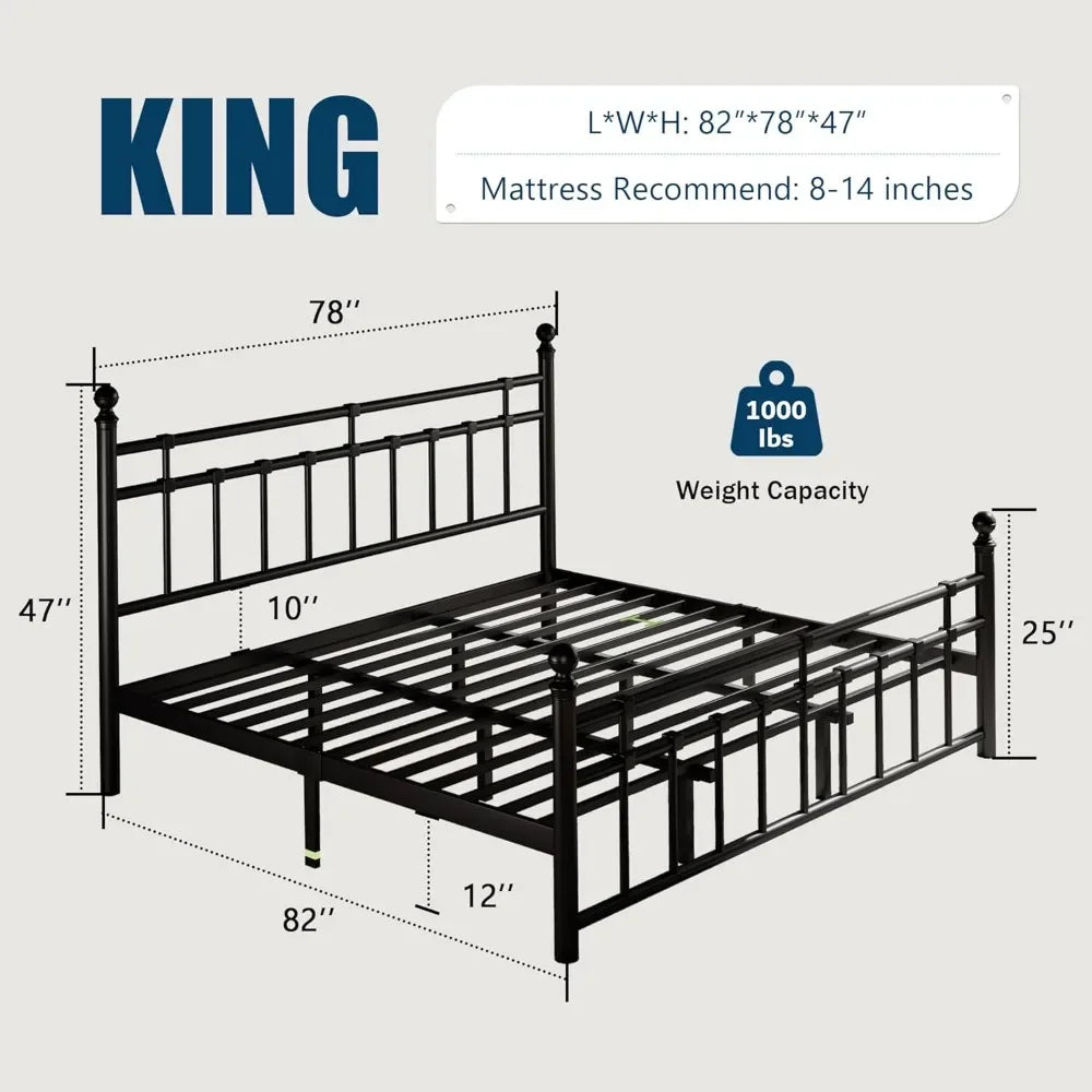 Metal Platform Bed Frame with Classic Wrought Iron Headboard & Footboard