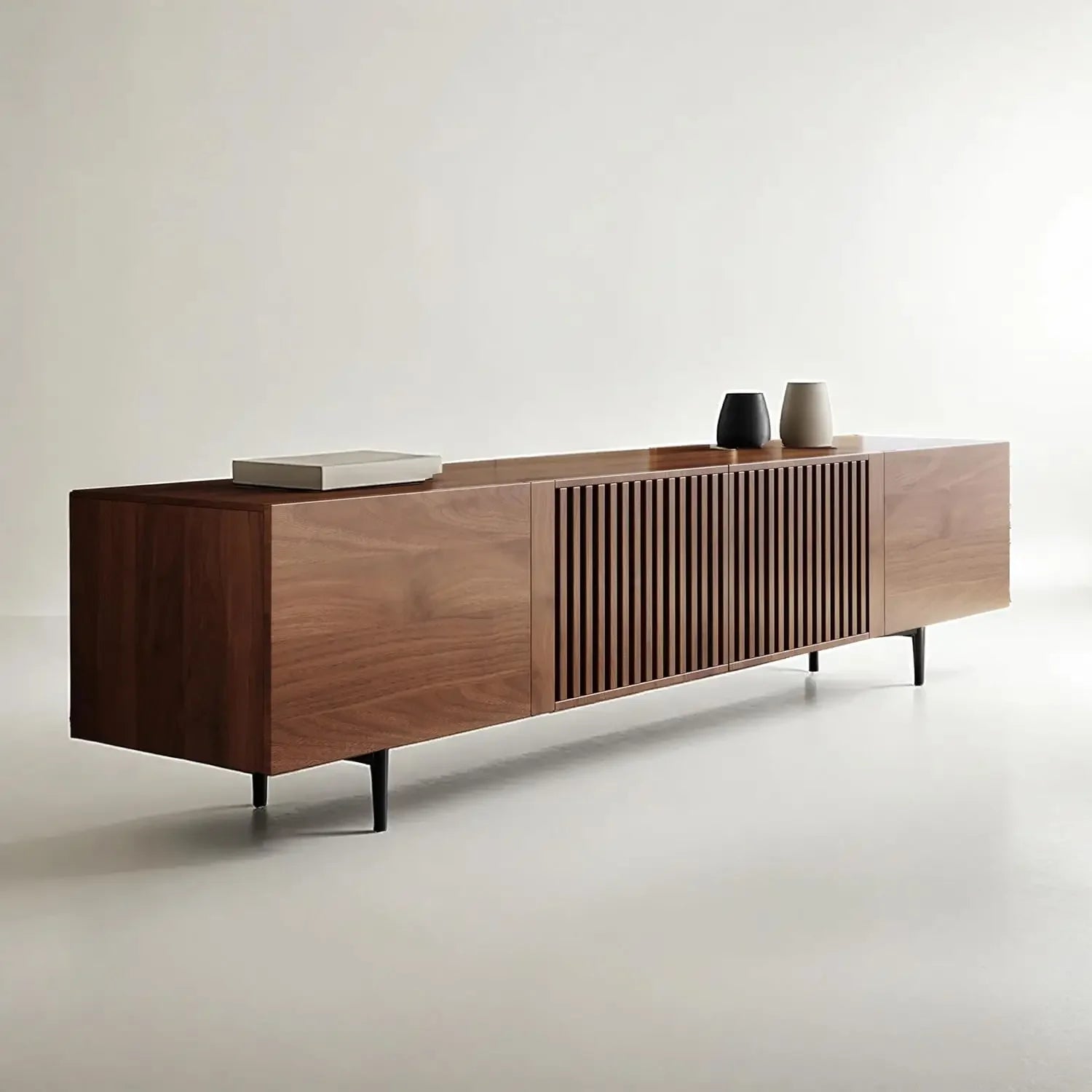 Modern Extendable Walnut TV Console for 75+ Inch Screens with Grille Doors And Drawers for Living Room And Bedroom