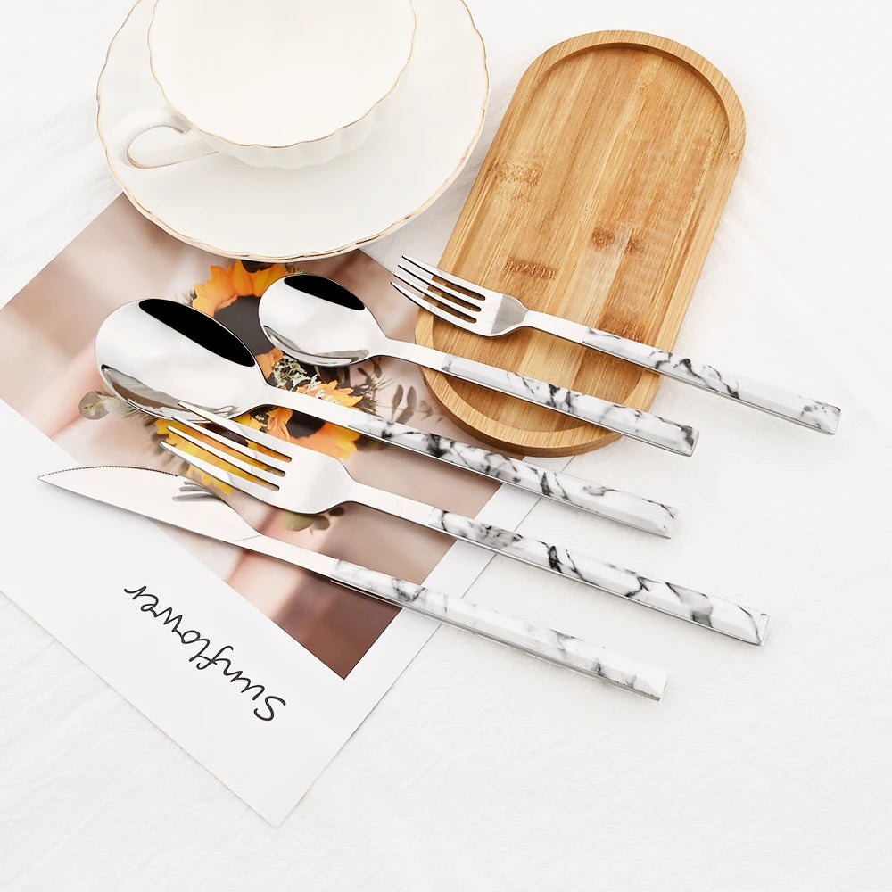 20Pcs Creative Rose Tableware Imitation Wood Handle Cutlery Set Knife Dessert Fork Spoon Dinnerware Set Stainless Steel Flatware