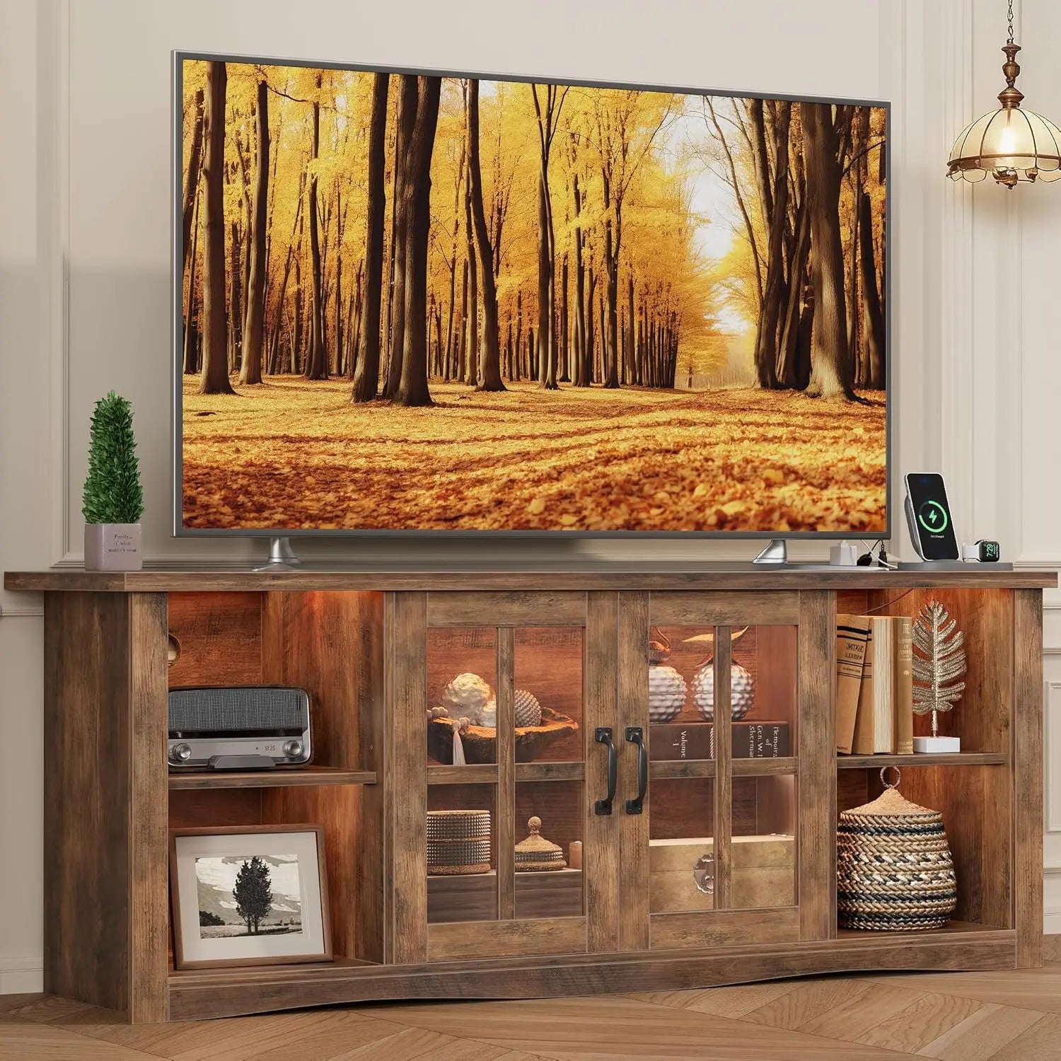 Farmhouse LED TV Stand with Power Outlet,for Televisions up to 65 Inches,Wood Entertainment Center with Glass Door Storage