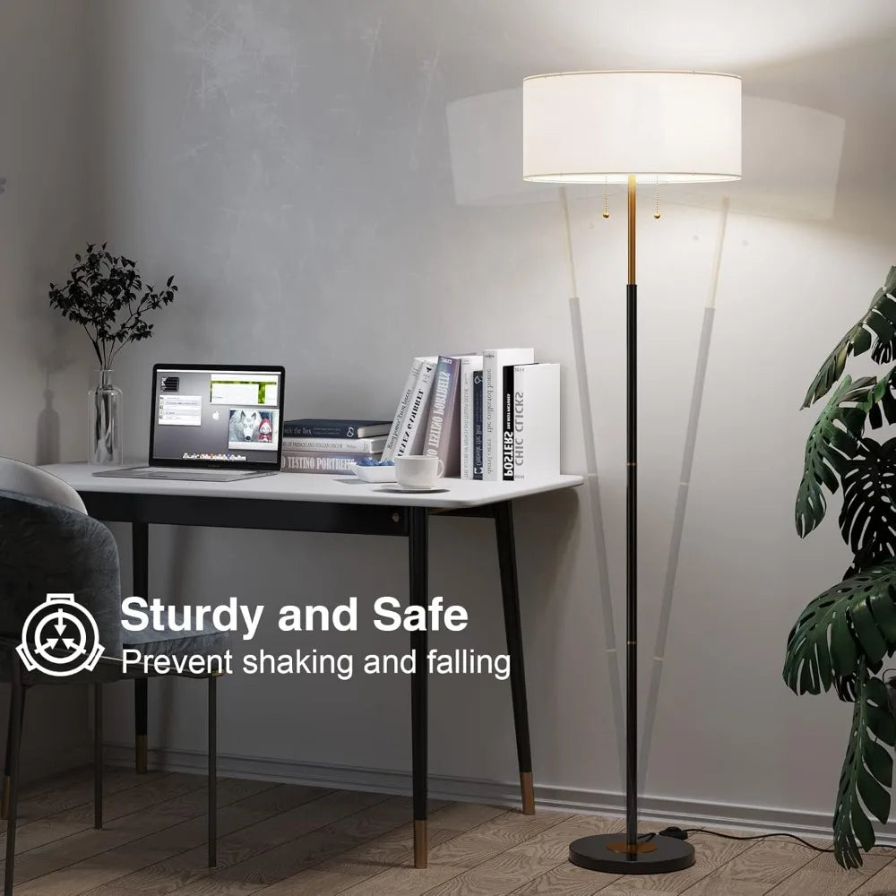 Mid Century Floor Lamp with White Fabric Shade, Standing Lamp Tall Lamp for Living Room Bedroom, 3 Color Temperatures 9W Bulb