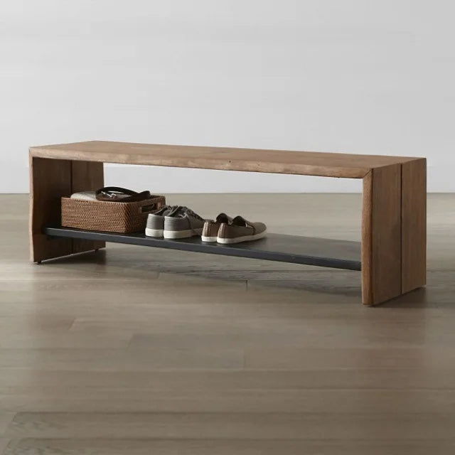 Nordic Modern Solid Wood Entryway Bench – Double-Layer Shoe Rack Storage Bench