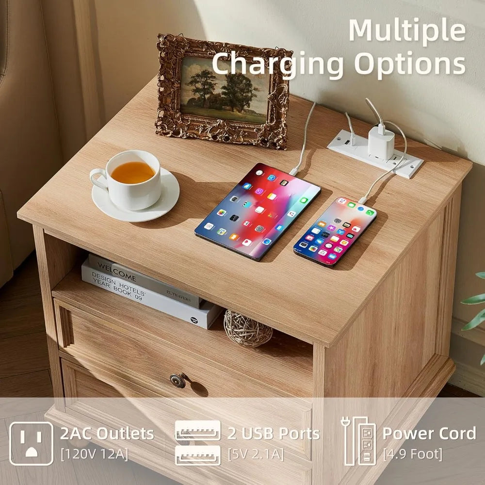 24" Wide Farmhouse Nightstand Set of 2 with Charging Station,End Table with 2 Drawers,Natural Wood Dresser for Bedroom Cabinet