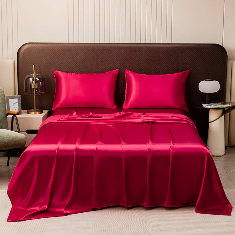 Opulent Solid Color Satin Bedding Set,Includes Flat Sheet, Fitted Sheet, Pillowcases,Luxury Linens for a Royal Sleep Experience