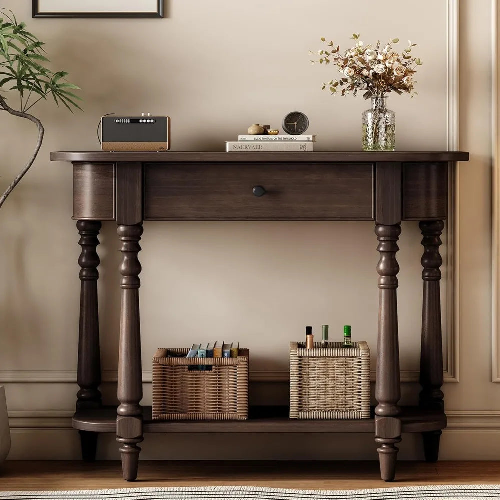 36-Inch Small Curved Console Table - Retro Farmhouse Style Wood Entry Sofa Table with Drawer and Storage Shelf for Living Room H