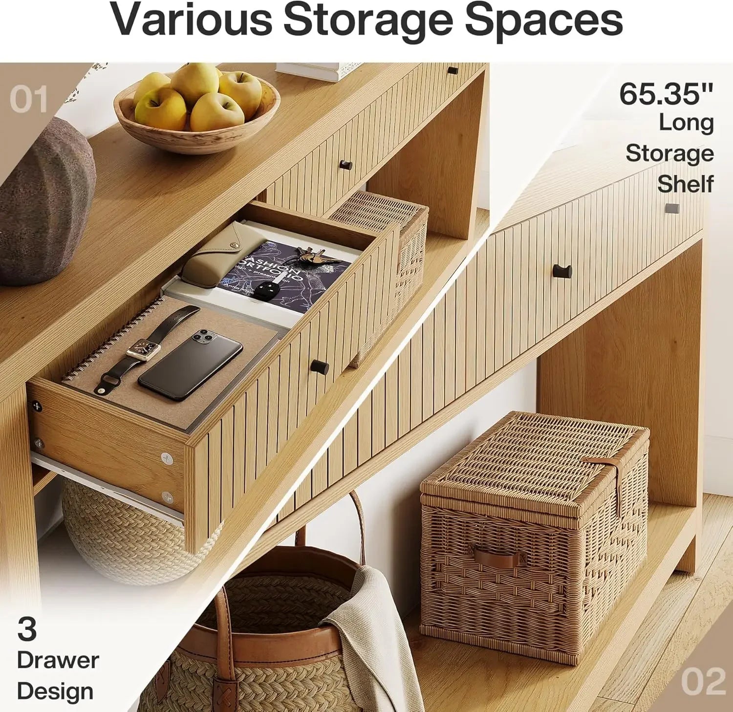 Wood Console Table with Drawers, Long Entryway Table, 70.9 inch Sofa Table Oak Furniture with Open Storage Shelves Wooden