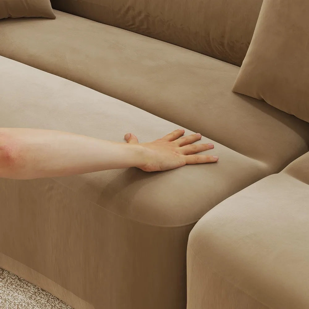 Boneless Couch with Deep Seats, 110" W Curved Lazy Sofa with Soft Armrests and 3 Small Pillows, Lounge Sofa, Big Mid Century