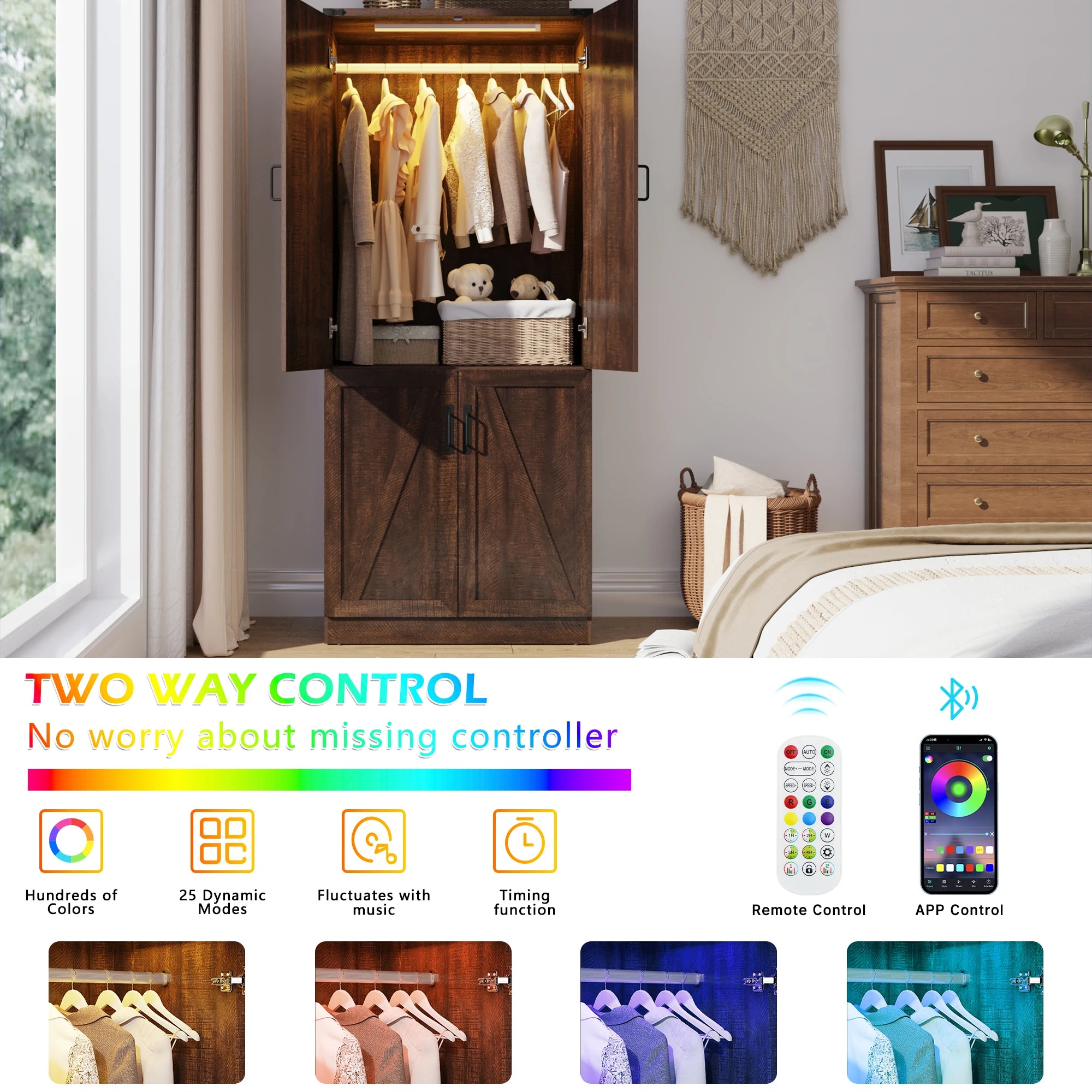 75" Tall Farmhouse 2 Doors Armoire Wardrobe Closet with LED, Freestanding Closet Wardrobe Cabinet for Bedroom