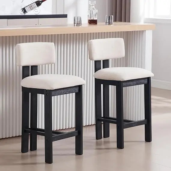 26″ Counter-Height Bar Stools – Linen Upholstered with Back & Solid Wood Legs (Set of 2)