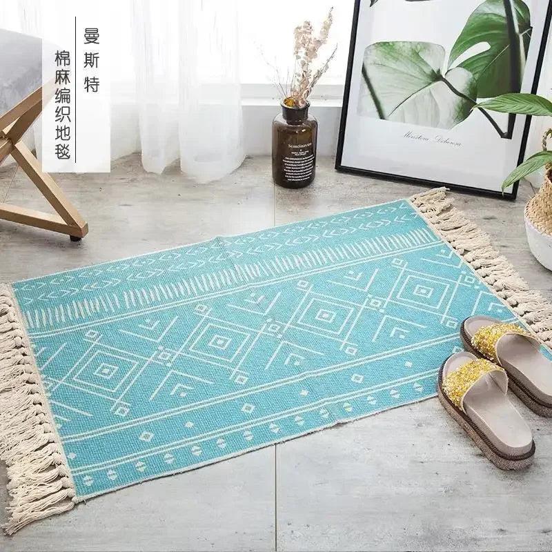 Nordic Cotton And Linen Knit Rug Ethnic Style Carpet Tassel Small Rug Bedroom Kitchen Rugs Mat Boho Washable Home Decoration