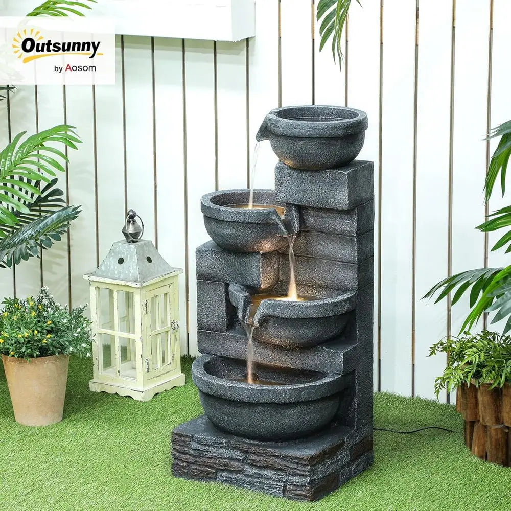 Gray 4-Tier Resin Outdoor Waterfall Fountain with LED Lights, 30 Tall, Cascading Bowls, Pump Included