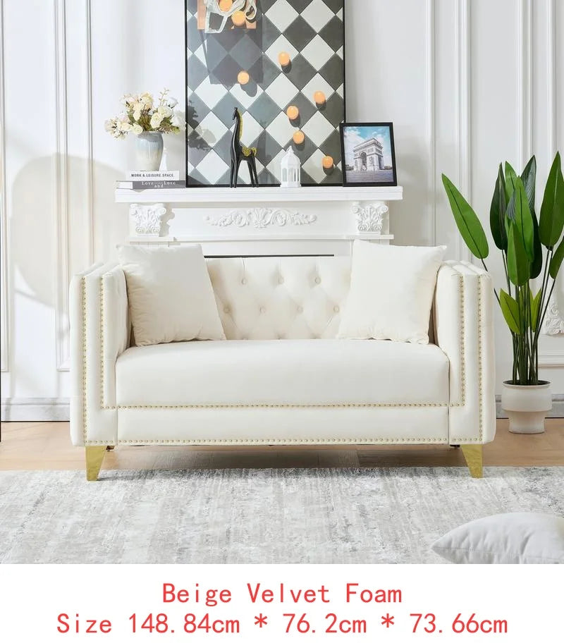 Modern Velvet 3-Seater Sofa with Deep Seat, Button Nailhead Design, Square Arm Couch for Living Room, Bedroom, Office, Beige