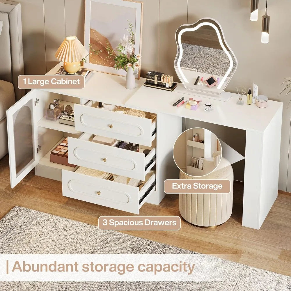 Modern L-Shaped Makeup Vanity Desk with 3 Drawers And Reversible Extendable Cabinet 78 Inch Corner Dressing Table for Bedroom
