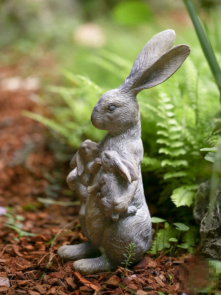 Rural gardening outdoor vintage resin rabbit mother and baby bunny figurine home desktop Easter rabbit ornament
